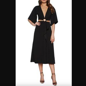 Bardot Black Teri Ring Midriff Midi Cocktail Dress 12 NWT